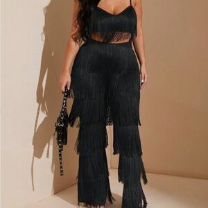 Black Fringe High-Waisted Pants with Layered Design